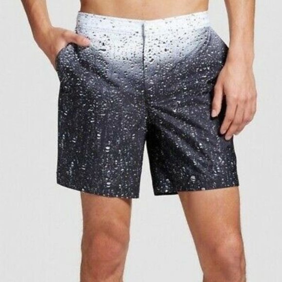 DWG Mens Black White Rain Drop Board Shorts 36 SPF 50 Beach Summer Wear Mid Rise - Picture 1 of 10
